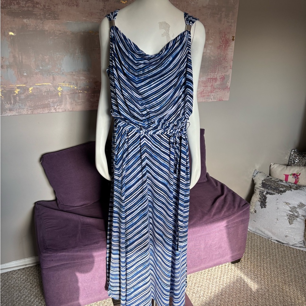 Calvin Klein Navy and White Chevron Maxi Dress with Silver Details Size 1X